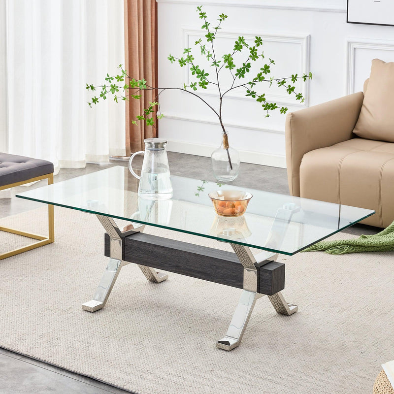 Supfirm Tea table.Dining Table.Contemporary Tempered Glass Coffee Table with Plating Metal Legs and MDF Crossbar, For Home and Office. - Supfirm