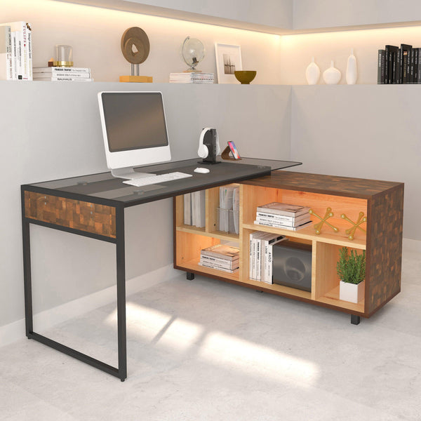 Techni Mobili L-Shape Corner Desk with Multiple Storage, Oak - Supfirm