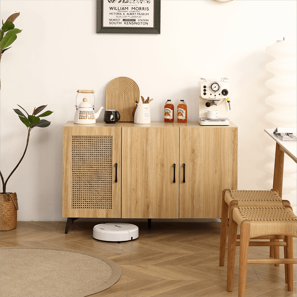 Supfirm Three Door Natural Rattan Net Side Cabinet for Home and Office Storage.Rattan Sideboard Buffet Cabinet.45.3inch - Supfirm