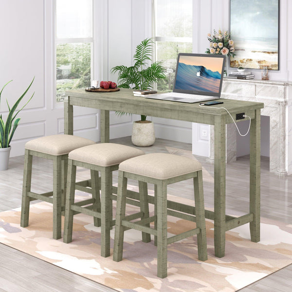 TOPMAX 4 Pieces Counter Height Table with Fabric Padded Stools,Rustic Bar Dining Set with Socket,Gray Green - Supfirm