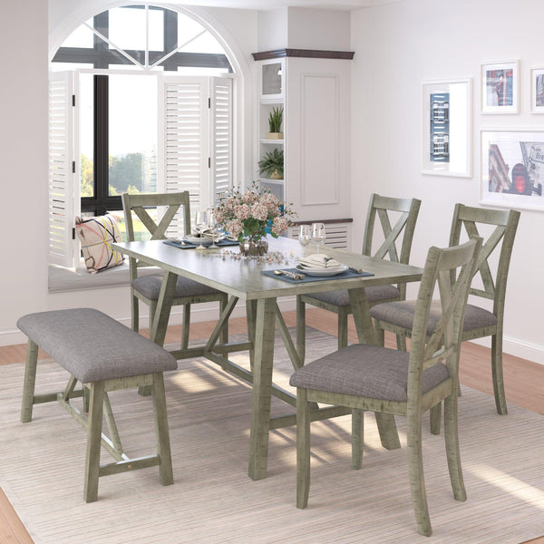 TOPMAX 6 Piece Dining Table Set Wood Dining Table and chair Kitchen Table Set with Table, Bench and 4 Chairs, Rustic Style, Gray(No Difference with SH000109AAE) - Supfirm