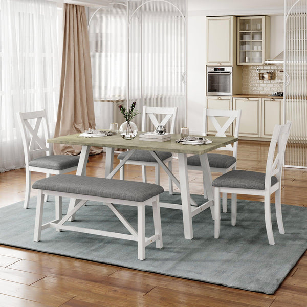 TOPMAX 6 Piece Dining Table Set Wood Dining Table and chair Kitchen Table Set with Table, Bench and 4 Chairs, Rustic Style,White+Gray - Supfirm
