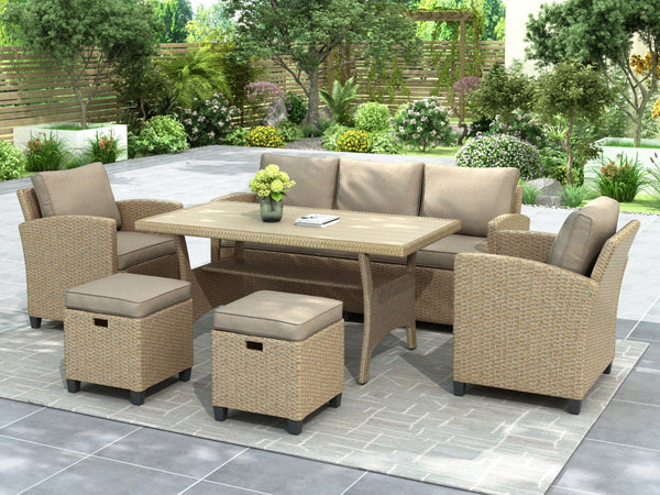 TOPMAX 6 Piece Outdoor Rattan Wicker Set Patio Garden Backyard Sofa, Chair, Stools and Table - Supfirm