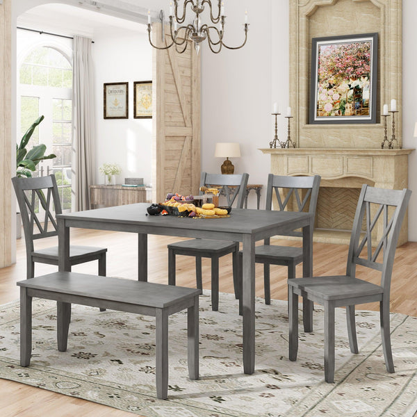 TOPMAX 6-piece Wooden Kitchen Table set, Farmhouse Rustic Dining Table set with Cross Back 4 Chairs and Bench,Antique Graywash - Supfirm