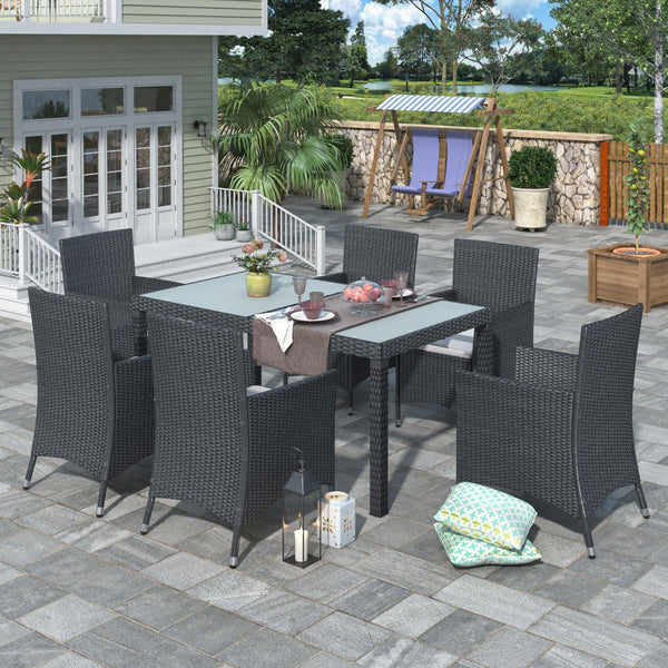 TOPMAX 7-piece Outdoor Wicker Dining set - Dining table set for 7 - Patio Rattan Furniture Set with Beige Cushion (Black) - Supfirm