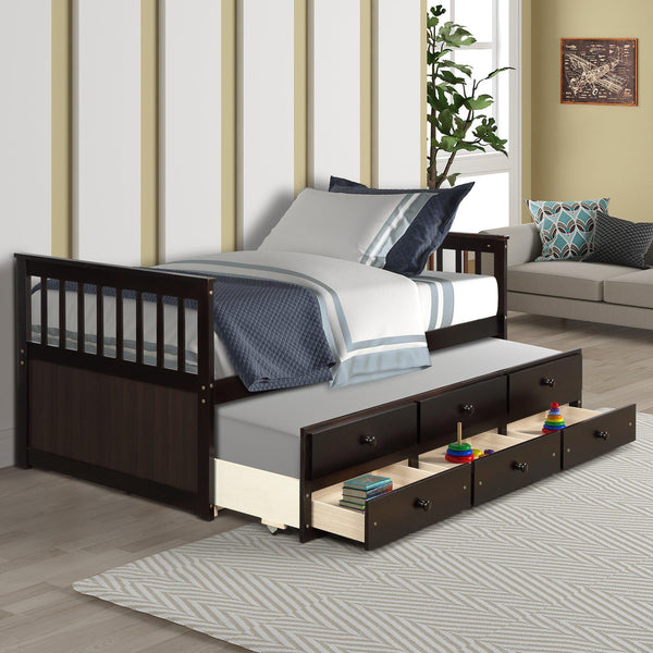 TOPMAX Captain's Bed Twin Daybed with Trundle Bed and Storage Drawers, Espresso - Supfirm
