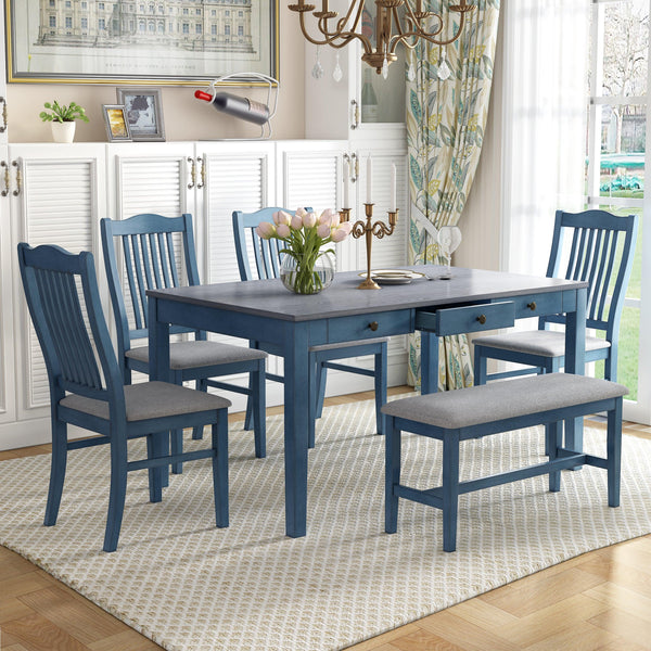TOPMAX Mid-Century 6-Piece Wood Dining Table Set, Kitchen Table Set with Drawer, Upholstered Chairs and Bench, Antique Blue - Supfirm