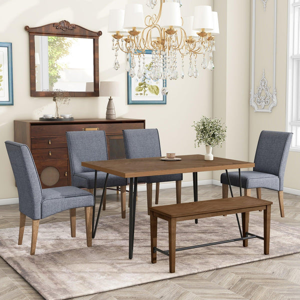 TOPMAX Modern 6-Piece Dining Table Set with V-Shape Metal Legs, Wood Kitchen Table Set with 4 Upholstered Chairs and Bench for 6,Brown - Supfirm