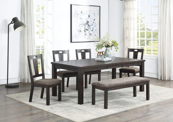 Transitional Style 6pc Dining Room Set Dining Table w Leaf 1x Bench and 4x Side Chairs Dark Grey Finish Cushion Seats Kitchen Dining Furniture - Supfirm