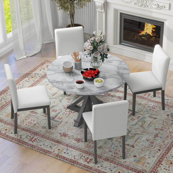 TREXM 5-Piece Farmhouse Style Dining Table Set, Marble Sticker and Cross Bracket Pedestal Dining Table, and 4 Upholstered Chairs (White+Gray) - Supfirm