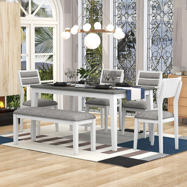 TREXM Classic and Traditional Style 6 - Piece Dining Set, Includes Dining Table, 4 Upholstered Chairs & Bench (White+Gray) - Supfirm