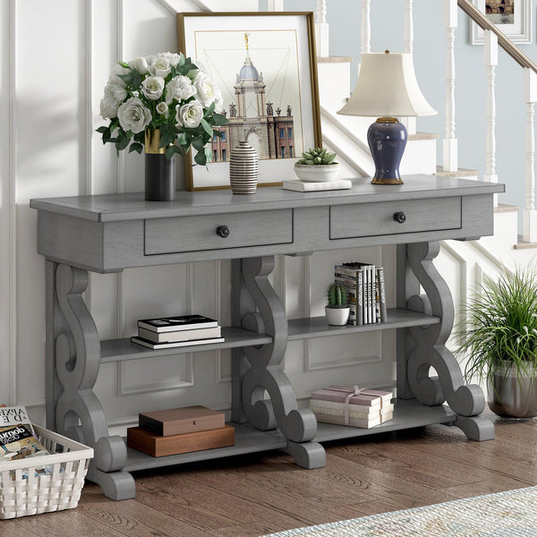 TREXM Retro Console Table/Sideboard with Ample Storage, Open Shelves and Drawers for Entrance, Dinning Room, Living Room (Antique Gray) - Supfirm