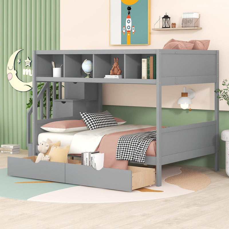 Twin over Full Bunk Bed with Shelfs, Storage Staircase and 2 Drawers, Gray - Supfirm
