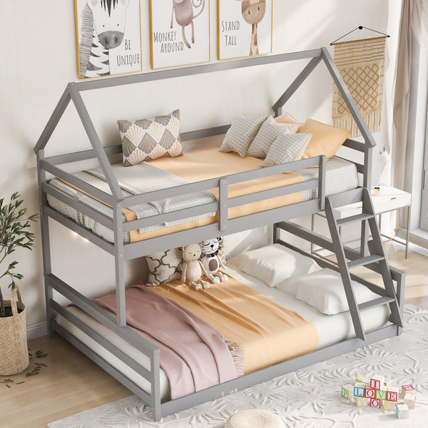 Twin over Full House Bunk Bed with Built-in Ladder,Gray - Supfirm