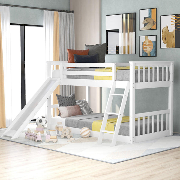 Twin over Twin Bunk Bed with Convertible Slide and Ladder, White - Supfirm