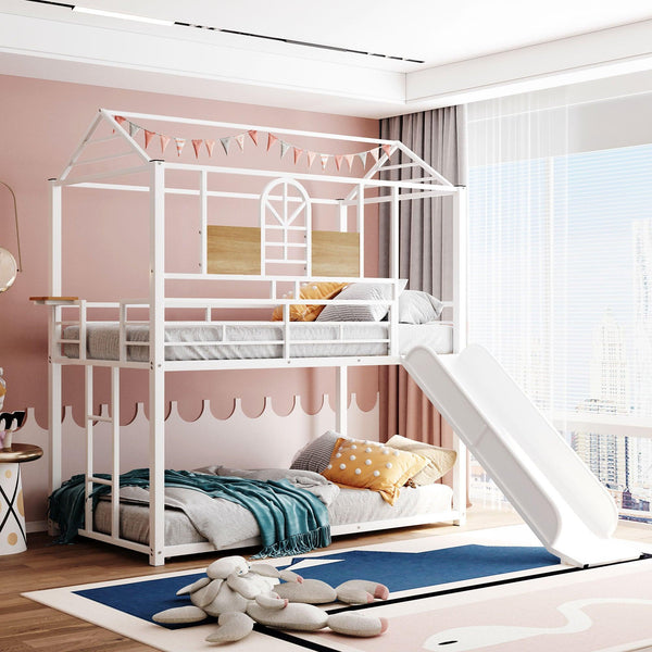 Twin Over Twin Metal Bunk Bed ,Metal Housebed With Slide,Three Colors Available.(White with White Slide)(OLD SKU :LP000095AAK) - Supfirm
