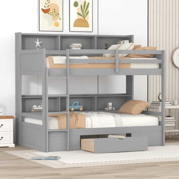 Twin Size Bunk Bed with Built-in Shelves Beside both Upper and Down Bed and Storage Drawer,Gray - Supfirm