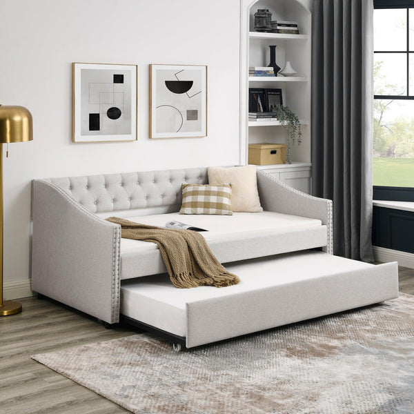 Twin Size Daybed with Twin Size Trundle Upholstered Tufted Sofa Bed, with Button on Back and Copper Nail on Waved Shape Arms, Beige (80.5"x41"x30.5") - Supfirm