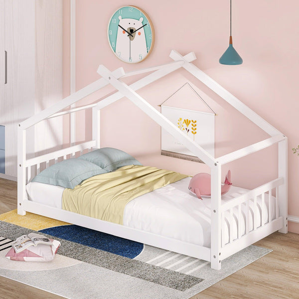 Twin Size House Bed Wood Bed, White - Supfirm