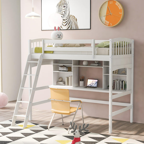 Twin size Loft Bed with Storage Shelves, Desk and Ladder, White(OLD SKU :LP000140KAA) - Supfirm