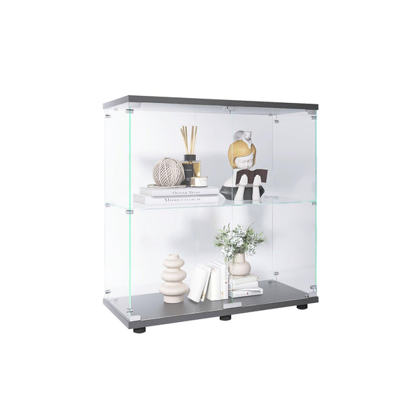 Supfirm Two-door Glass Display Cabinet 2 Shelves with Door, Floor Standing Curio Bookshelf for Living Room Bedroom Office, 33.35"*31.69"*14.37",Black - Supfirm