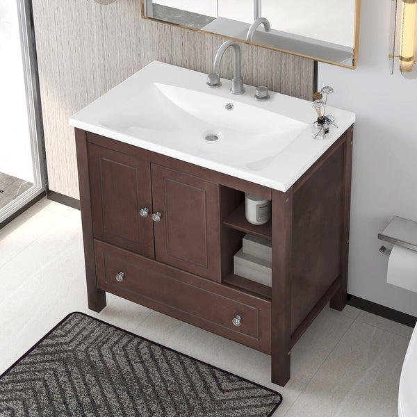 [VIDEO] 30" Bathroom Vanity with Sink, Bathroom Storage Cabinet with Doors and Drawers, Solid Wood Frame, Ceramic Sink, Brown (OLD SKU: JL000002AAD) - Supfirm