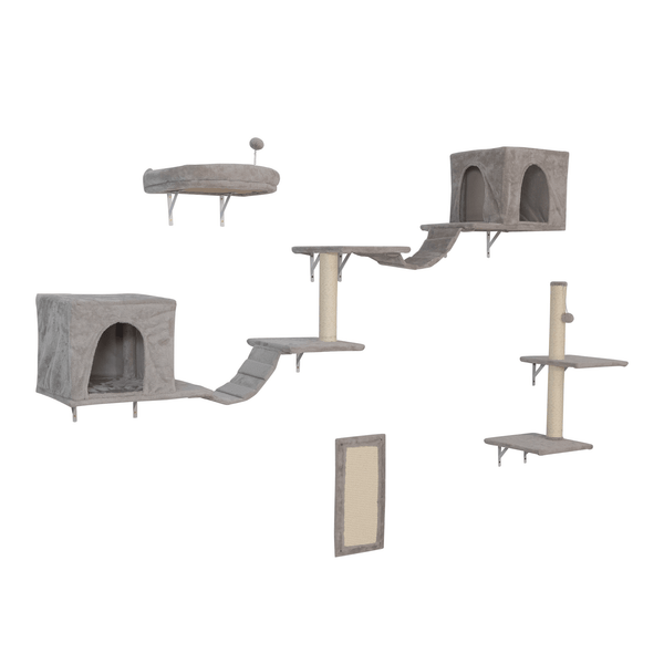 Wall-mounted Cat Tree, Cat Furniture with 2 Cat Condos House, 3 Cat Wall Shelves, 2 Ladder, 1 Cat Perch, Sisal Cat Scratching Posts and Pad - Supfirm