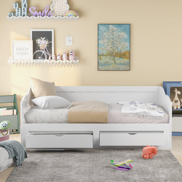 Wooden Daybed with Trundle Bed and Two Storage Drawers , Extendable Bed Daybed,Sofa Bed with Two Drawers, White - Supfirm