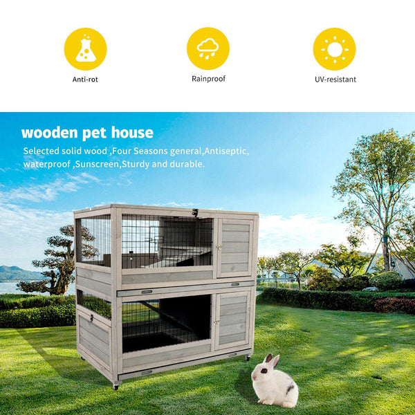Wooden Rabbit cage Indoor outdoor double layer luxury guinea pig cage hamster High-end paint mesh - Supfirm