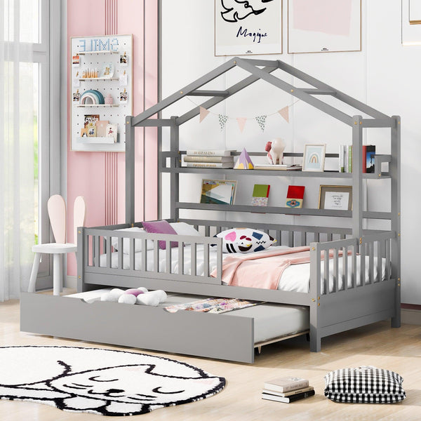 Wooden Twin Size House Bed with Trundle,Kids Bed with Shelf, Gray - Supfirm